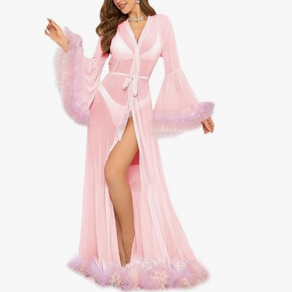 Pink swimsuit cover up rumba ruffle barbie robe duster sexy lounge Hollywood nwt
